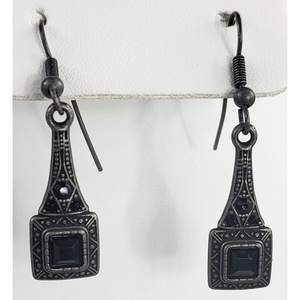 Antique Silver Tone Earrings with Black Gems